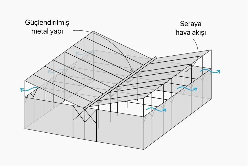 El techo en forma de V permite que el calor escape por los lados en lugar de debajo de la cúpula. El flujo de aire mejorado da como resultado plantas más sanas que rinden de 60 a 80 kg por metro cuadrado.