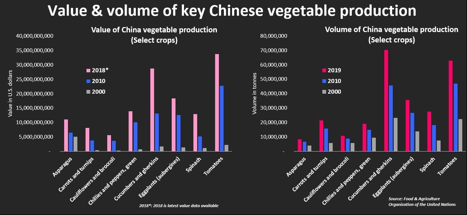 Çin sebze üretim değerleri ve hacmi